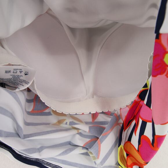 Lands End Tankini Top White Navy Striped Floral Print Round Neck Sleeveless 6 - Picture 8 of 9